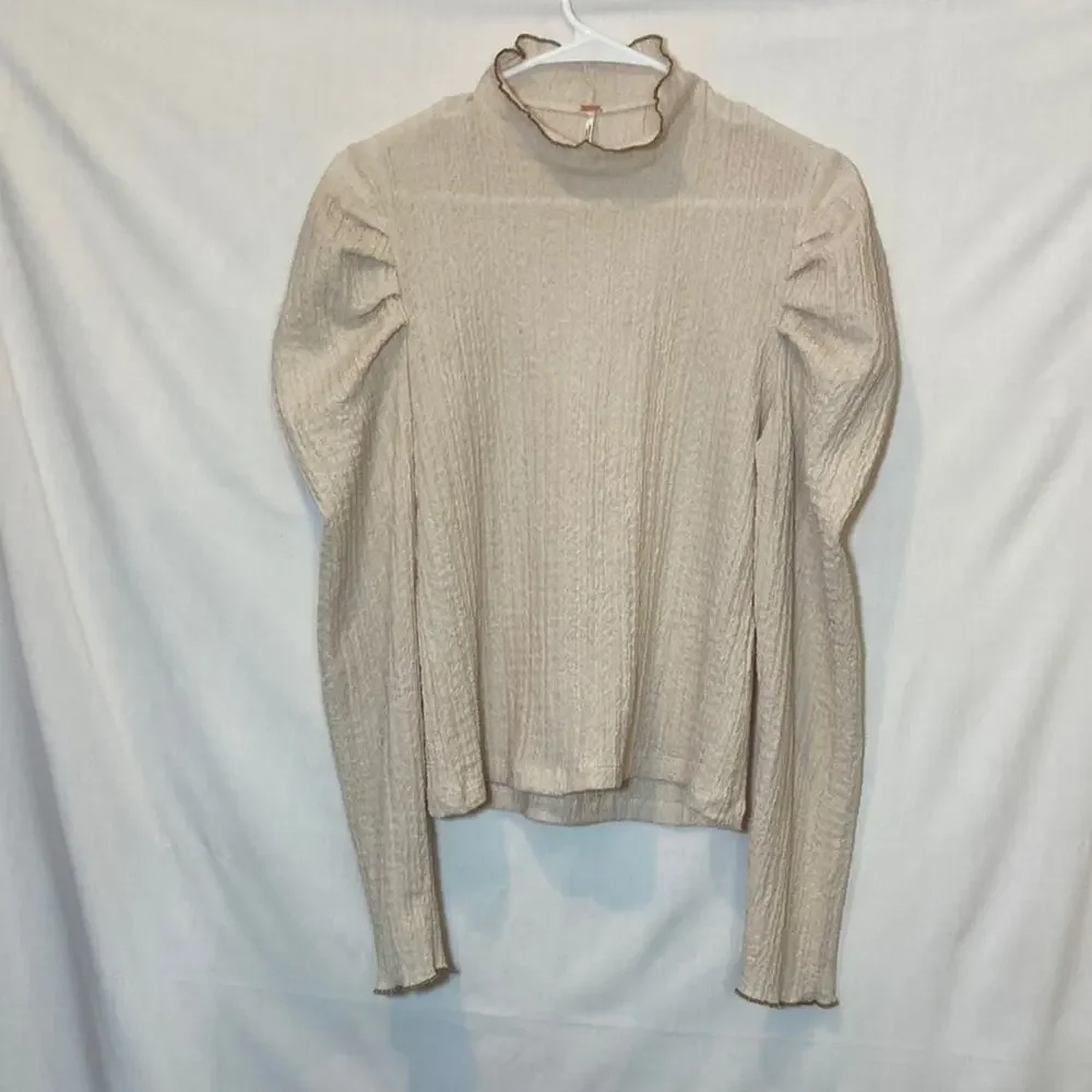Free People Ela Mock Neck Ruffled Sheer Ruffle Puff Sleeve Blouse Size M